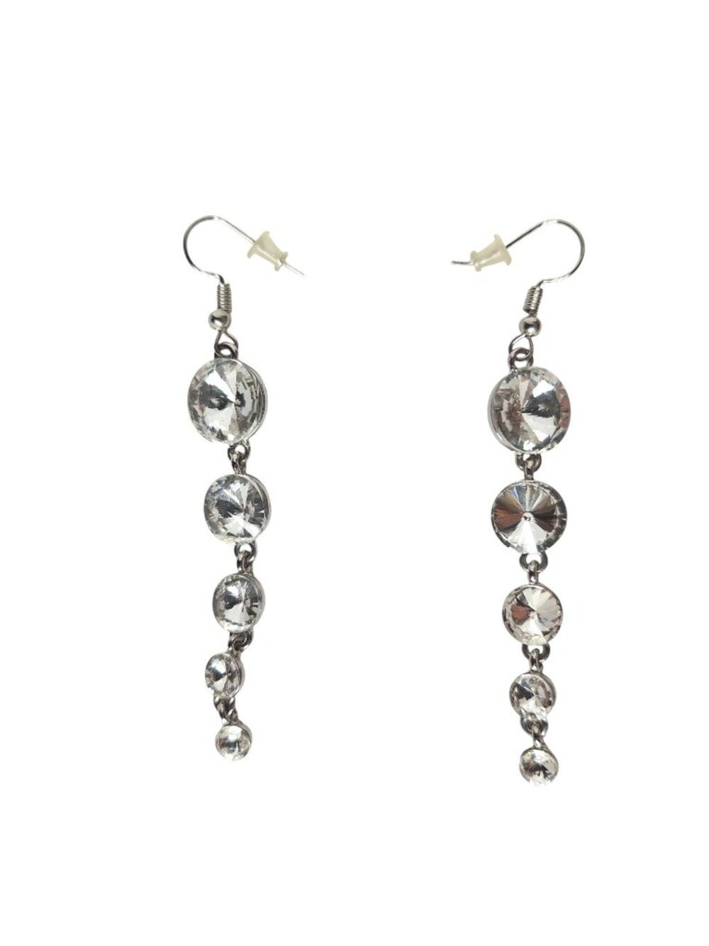 Silver Tone Rhinestone Dangle Earrings Clear Graduated Drop